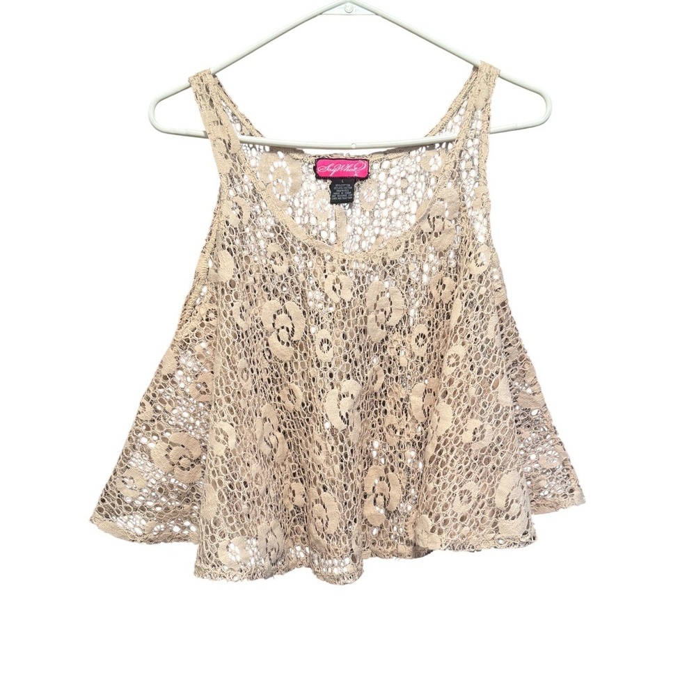 Say What? Womens Beige Floral Crochet Lace Cropped‎ Tank Top Size L Boho Summer